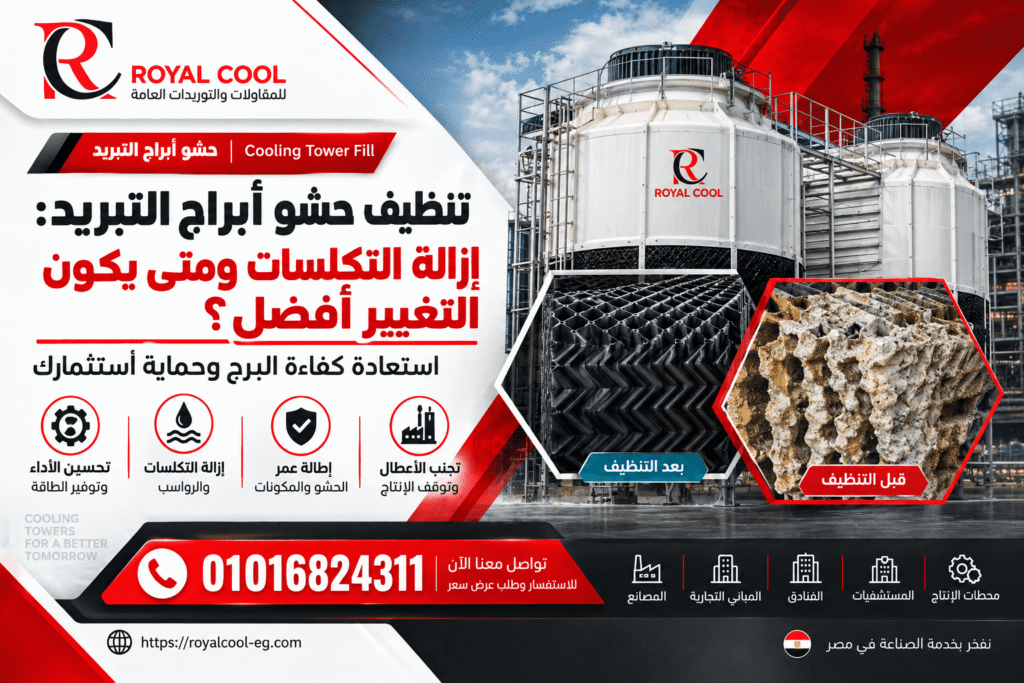 تنظيف حشو أبراج التبريد | إزالة التكلسات واستعادة الكفاءة